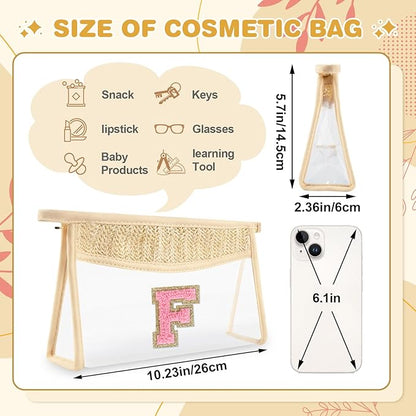 Small Boho Straw Initial Letter Makeup Bag Personalized Gift ,Cute Clear Chenille Patch Makeup Bag With Zipper,Trendy TSA Approved Travel Toiletry Bag,Gift for Women Girls Birthday Friend, Letter F