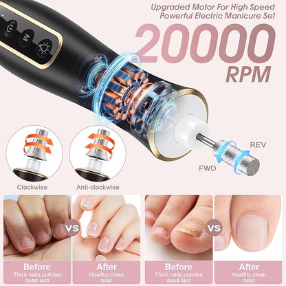 Electric Nail Drill, Professional Manicure Pedicure Kit, Cordless Electric Nail File Set, Rechargeable Pedicure Tools for feet, 10 Speeds Hand Foot Care Nail Drill for -360° LED Light Black