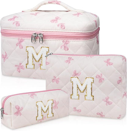 Initial Makeup Bag Set, Personalized Quilted Makeup Bag, Large Floral Cosmetic Bag for Women, Cute Cotton Custom Make up Bags, Flower Travel Toiletry Bag Teen Girl Gift Pink Butterfly M