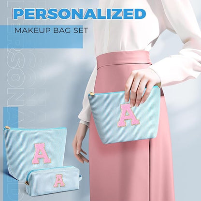 Makeup Bag Set Initials Cosmetic Bag,Gifts for 10 11 12 13 14 15 16 17 18 Years Old Girl Girlfriend Teen Girls Gift Trendy Stuff Personalized Toiletry Bag Travel - Blue,A