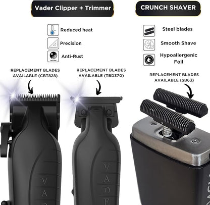Supreme Trimmer Vader Clipper, Vader Trimmer & Crunch Foil Shaver | Professional Beard Trimmer, Men's Clippers | 3 in 1 Set, Black