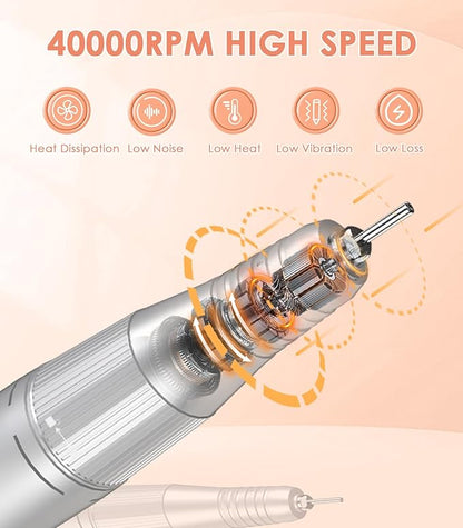 Portable Electric Nail Drill Machine: 40000RPM Professional E-File, Rechargeable Cordless with Bits & Base for Acrylic Remove Gel Polish Manicure Salon Home, Silver
