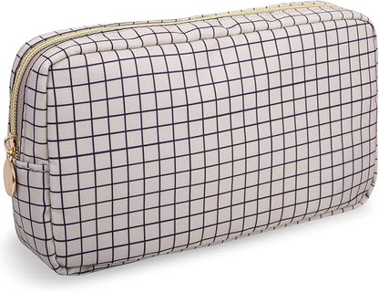 Nylon Small Makeup Bag for Purse, Cute Checkered Makeup Bag Preppy Cosmetic Zipper Pouch Purse, Waterproof Portable Travel Toiletry Bag Clutch Make Up Brush Bag Organizer for Women Girls(Checkered)