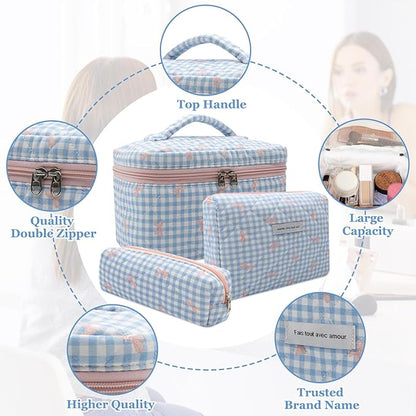 3pc Makeup Bag Set, Quilted Makeup Bag Set, Large Floral Cosmetic Bag for Women, Cute Cotton Makeup Bags, Flower Travel Toiletry Organizer Bag (Blue Plaid Bow)