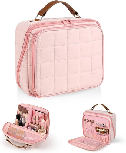 MOKURA Quilted Makeup Bag, Large Capacity Cosmetic Bag with Jewelry Organizer, Portable Make up Pouch, Waterproof Travel Toiletry Case with Compartments, Gifts for Women Girls, Pink