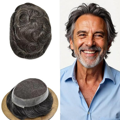 FACE MIRACLE Toupee for Men French Lace Cnter Mens Toupee Human Hair Replacement System Skin PU Hairpiece for Man V-Looped Front Hair Prosthesis 6"X8" #230 2# DARKEST BROWN WITH 30% SYNTHETIC GREY