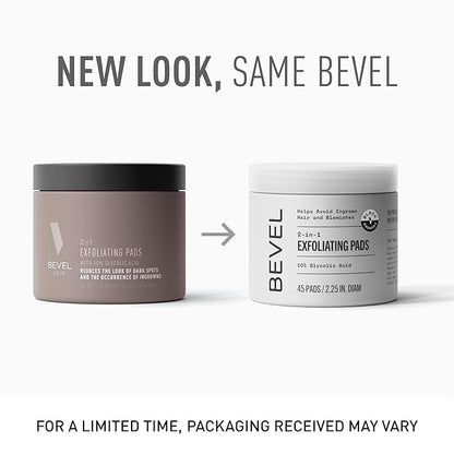 Bevel 10% Glycolic Acid Toner Pads for Face, Helps Remove Dead Skin Cells and Reduce Ingrown Hairs for Even Skin Tone and Texture, 45 Count (Packaging May Vary)