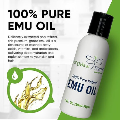 Longview Farms® Emu Oil for Hair and Body - 100% Pure & Refined Emu Oil for Skin & Hair Care | Premium Quality Hydration & Nourishment | 4 Fl. Oz