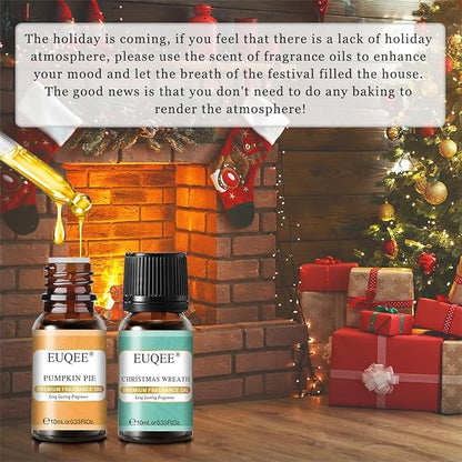 EUQEE Holiday Cheer Premium Fragrance Oils Set of 6 - Forest Pine, Christmas Wreath, Brown Sugar, Harvest Spice, Gingerbread, Pumpkin Pie - Scented Oils for Diffuser, Candle Making (10ml)