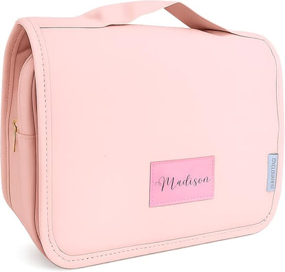 Custom Travel Toiletry Bag for Women, Personalized Vegan Leather Makeup Bag with Hanging Hook, Unique Bridesmaid Gifts, Wedding Gifts, Travel Containers, Womens gifts for Birthday