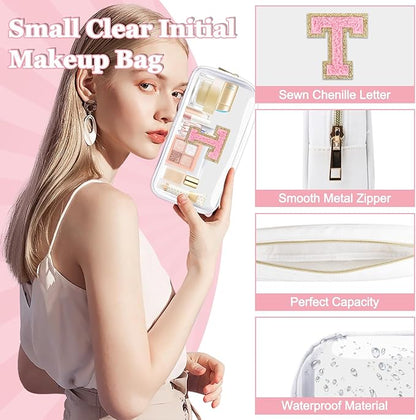 Small Clear Personalized Initial Makeup Bag, Preppy Nylon A-Z Chenille Letter Patch Makeup Organizer TSA Approved Travel Toiletry Bag,Waterproof Zip Beach Cosmetic Pouch Purse for Women(White-Pink T)