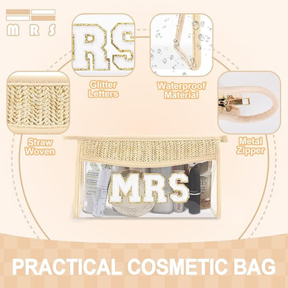 Small Boho Straw Clear Mrs Makeup Bags for Women&Girls, Zipper Cosmetic Bag Chenille Varsity Letter Patch Bag, Preppy Cute Toiletry Pouch, Trendy Organizer Storage Bag for Beach Travel Essentials