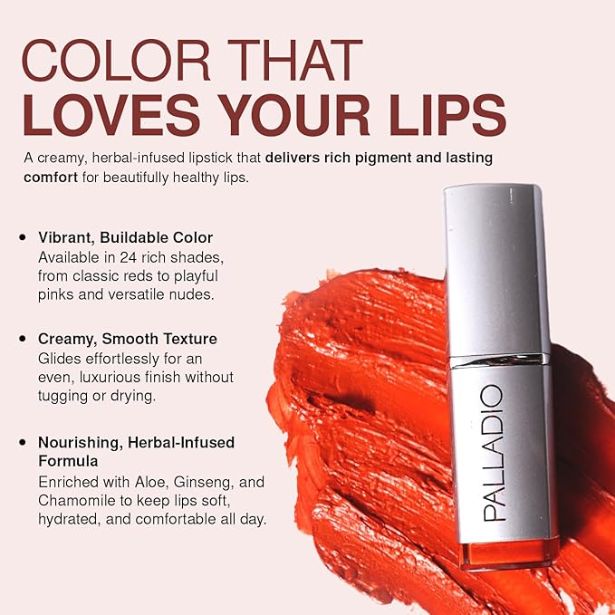 Palladio Herbal Lipstick, Rich Pigmented and Creamy, Infused with Aloe Vera, Chamomile & Ginseng, Prevents Lips from Drying, Combats Fine Lines, Long Lasting Lipstick, Amethyst