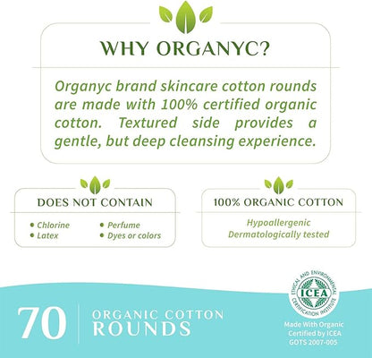 Organyc 100% Organic Cotton Rounds - Biodegradable Cotton, Chemical Free, For Sensitive Skin (70 Count) - Daily Cosmetics. Beauty and Personal Care