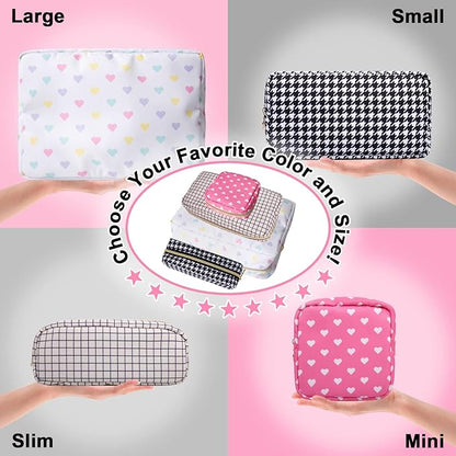 Nylon Slim Makeup Bag, Cute Makeup Brush Bag Checkered Makeup Bag Preppy Cosmetic Zipper Pouch for Purse, Travel Toiletry Bag Coin Pouch Make Up Organizer for Women Men Girls