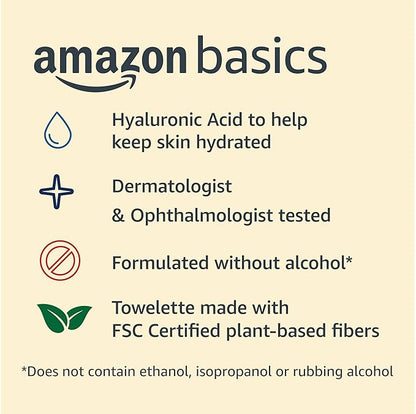 Amazon Basics Makeup Remover Wipes, Gentle Cleansing, Dermatologist Tested, Hydrating, Plant Based, Alcohol-Free, Removes Waterproof Mascara, 25 Count Per Pack, Pack of 1