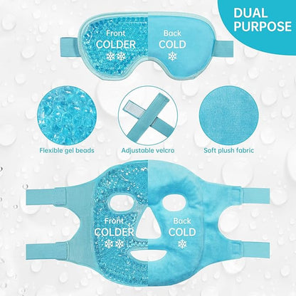 ZNÖCUETÖD Cooling Ice Face Eye Mask for Reducing Puffiness, Bags Under Eyes,Sinus,Redness,Pain Relief,Dark Circles, Migraine,Hot/Cold Pack with Soft Plush Backing (Blue(1* Eye Mask+1*Face Mask))
