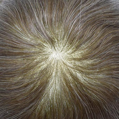 FACE MIRACLE French Lace Mens Toupee Human Hair System Lace Center Toupee for Men Thin Skin PU Around Hair Replacement System V-Looped Mens Hair Wig 6"X9" #760 7# VERY LIGHT BROWN WITH 60% GREY