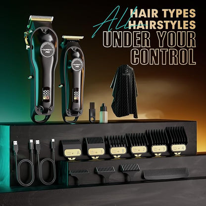 SUPRENT Professional Hair Clippers for Men, Cordless Hair Cutting Kit, Barber Clippers & Zero-gapped Trimmer Combo with Type-C Rechargeable, Titanium Plated Ceramic Blade(Black)