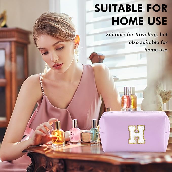 Gifts for Girls Initial Makeup Bag Personalized Cosmetic Bag with Zipper Cute Travel Toiletry Bag Waterproof PU Preppy Makeup Pouch Birthday Gift for Teen Girls Women(Purple H)
