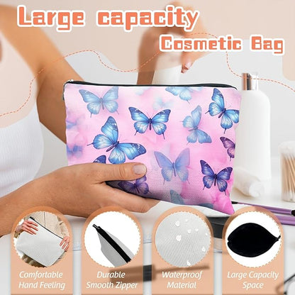 Makeup Bag Travel Cosmetic Bags Small Makeup Case Waterproof Zipper Pouch for Women Girls 7X9inches - Blue And Purple Butterflies on A Pink Background