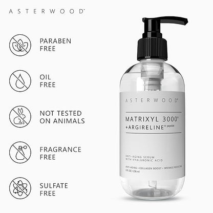 Asterwood Matrixyl 3000 + Argireline Serum for Face - Multi Peptide Serum with Hyaluronic Acid - Anti-Aging, Wrinkle Reducing, Collagen Boosting - Fragrance-Free - 8 Fl Oz