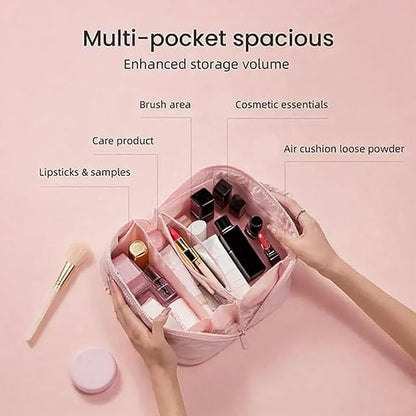 Petition Makeup Bag, 180° Open Lay-Flat Cosmetic Case, Large Capacity Compartment Makeup Bag, Lightweight, Soft and Fashion for Bottles & Brushes (Black)
