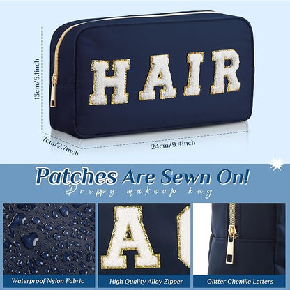 Cunno 4 Pcs Preppy Makeup Bags Chenille Letter Stuff Bag Nylon Cosmetic Pouch Cases with Zipper for Women Travel Toiletry