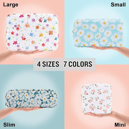 Nylon Mini Floral Makeup Bag for Purse, Small Cute Makeup Bag Preppy Flower Cosmetic Zipper Pouch, Waterproof Travel Set Coin Pouch Sanitary Napkin Storage Bag Makeup Organizer for Women(White-Flower)