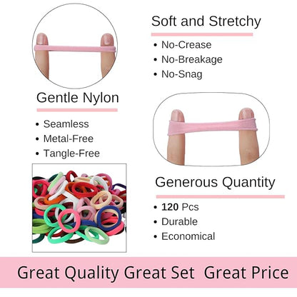 LuSeren 120PCS Colorful Hair Ties for Women – Soft Seamless Nylon Ponytail Holders, No Damage Fabric Hair Elastics for Thick Hair & Daily Matching