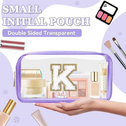 Small Clear Personalized Initial Makeup Bag,Nylon Preppy A-Z Chenille Letter Patch Cosmetic Pouch Beach Toiletry Bag,Waterproof Zip Travel Purse Storage Bag Organizer for Women Girls(Purple-White K)