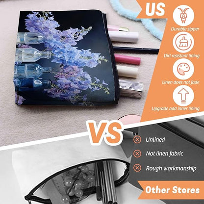 Cosmetic Bags Travel Makeup Toilet Case Waterproof Pouch for Women Girls 6.7X9.45inches - Still - Life of Blue - Purple Flowers in Glass Bottles