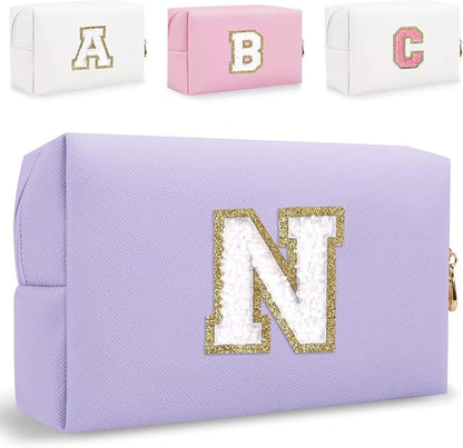 Small Personalized Letter Makeup Bag, Cute PU Leather Chenille Letters Cosmetic Bag Travel Makeup Pouch, Preppy Travel Organizer Zipper Pouch for Women&Girls（Purple-N）