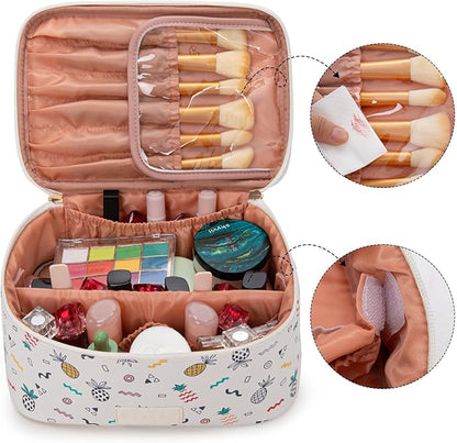 Montana West X Wrangler Travel Makeup Bag 2pcs Set Large Cosmetic Bag with Makeup Brush Holder Portable Make Up Organizer Cute Toiletry Bag with Divider and Handle for Women Beige