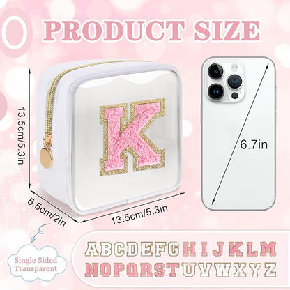 Mini Clear Personalized Initial Makeup Bag,Nylon Preppy A-Z Chenille Letter Patch Zipper Cosmetic Bag, Small Cute Beach Pouch Travel Purse Sanitary Napkin Storage Bag for Women Girls(White-Pink K)