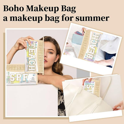 Teacher Appreciation Gifts Boho Straw Clear Makeup Bags, Zipper Cosmetic Bag Chenille Letter Patch Bag, Preppy Cute Beach Toiletry Pouch, Trendy Graduation Retirement Birthday Teacher Gifts for Women