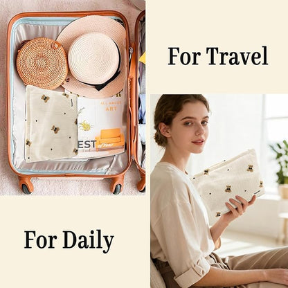 Corduroy Makeup Bag Cute Small Soft Zipper Cosmetic Bag for Purse Coquette Aesthetic Cosmetic Pouch with Bear Toiletry Storage Pouches Travel Makeup Bags Organizer Gifts for Women (Beige)