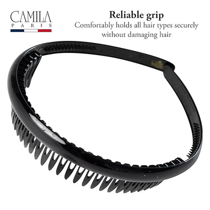 Camila Paris AD110 French Headband for Women, Black, Strong Hold Grip Women's Hair Band, Very Flexible, No Slip and Durable Styling Girls Hair Accessories, Made in France