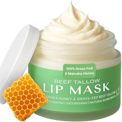 Body Restore Grass Fed Beef Tallow Lip Mask, with Manuka Honey – Christmas Stocking Stuffers, White Elephant, Hydrating Moisture, Travel Essentials, Self Care, Birthday Gifts for Women, Men – Bergamot