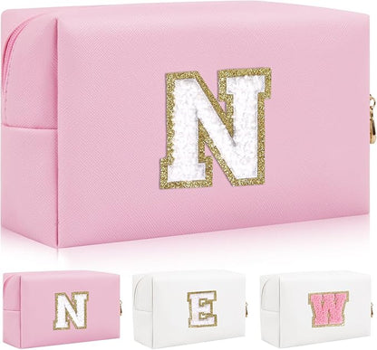 Iqimott Personalized Initial Letter Patch Makeup Bag, Preppy Portable Chenille Letter Cosmetic Bag with Zipper, PU Leather Waterproof Travel Toiletry Bag Monogram Make Up Pouch Girls(Letter N)