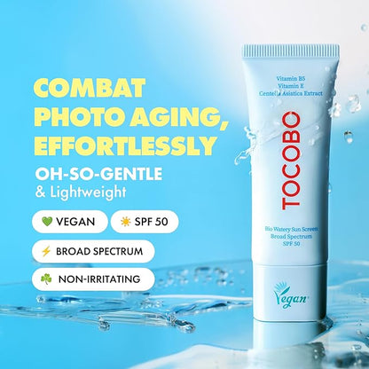 Bio Watery Sunscreen SPF 50 Broad Spectrum Korean Facial Sun Cream with Hyaluronic Acid - Lightweight Daily Face Sunblock Lotion - Vegan, Hypoallergenic, Oxybenzone-Free 1.35 fl oz