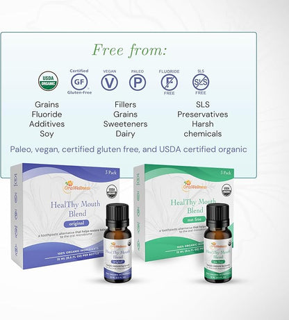 OraWellness Healthy Mouth Blend Organic Tooth Oil, Flouride Free Made in The USA Toothpaste & Mouthwash Alternative, Natural Rinse for Healthy Teeth & Gums for Women, Men and Kids, Pack of 3