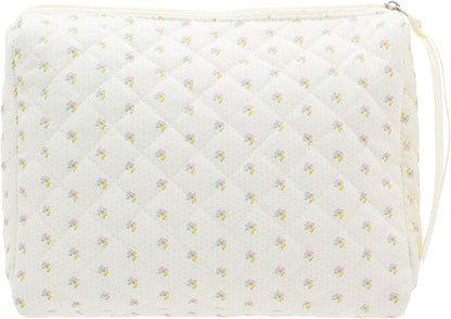 PAZIMIIK Quilted Makeup Bag Large Travel Zipper Soft Cosmetic Pouch for Women Girls Make Up,Little Flower White