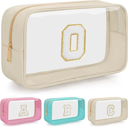 Personalized Initial Clear Makeup Bag, Travel Chenille Patch Cosmetic Bag, Preppy Toiletry Bag Monogram Cosmetic Pouch with Zipper, Ideal Gift for Teen Girls Women (Clear-Beige, O)