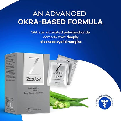 Zocular - Zocuwipe Eyelid Wipes with Natural Okra Complex - Eyelid Cleanser and Moisturizer Pads - Eyelid Cleansing Wipes - Blepharitis Treatment - 15ct
