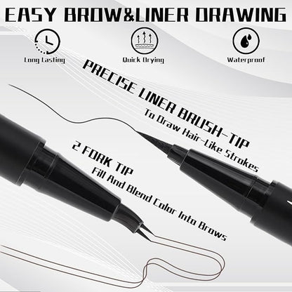 Curved 2 Tip Eyebrow Pen-Black Eyebrow Pencil With Black Eyeliner 2-in-1 Dual-Ended Create Natural Hair-Like Brows,Waterproof,Smudge Proof,Long Lasting All-Day