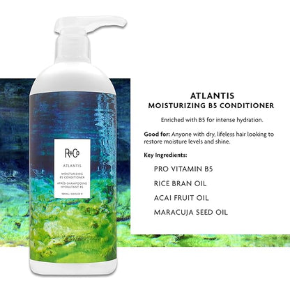 R+Co Atlantis Moisturizing B5 Shampoo & Conditioner Set + Deluxe Sample (0.5oz) | Deep Hydration & Repair for Dry Hair | Vegan + Cruelty-Free | 33.8oz (Pack of 2)