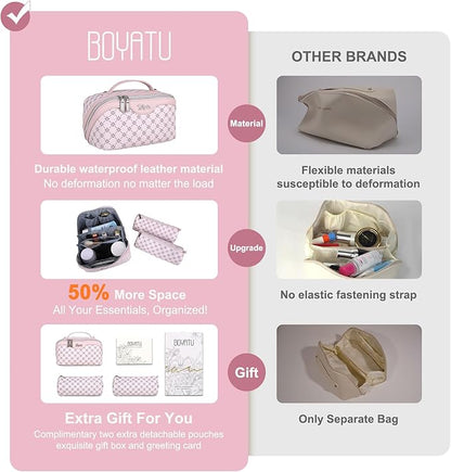 BOYATU Travel Makeup Bag Cosmetic Bags for Women: 3 Pcs Set Portable Make up Bag with Handle - Vegan Leather Toiletry Bags with Compartments - Makeup Organizer for Travel Essentials(A-2-Pink)