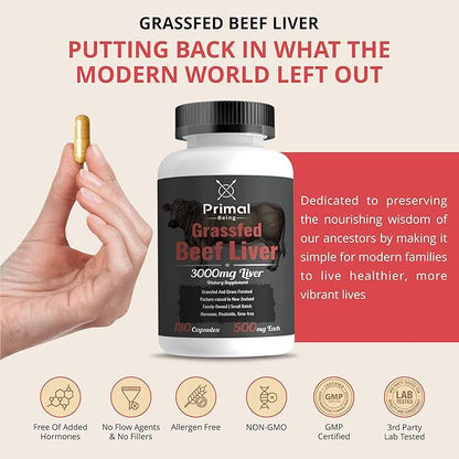 Primal Being Grassfed Beef Liver - 3000mg Freeze Dried Capsules - Pasture Raised in New Zealand - Natural Beef Organ Supplement - Liver Supplement for Energy and Wellness - 180 Count