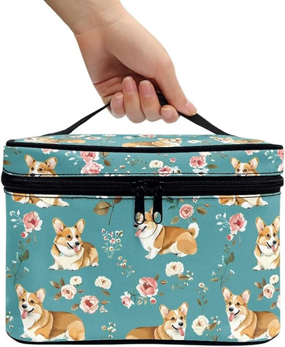 JoyLamoria Corgi Floral Makeup Bag Handbag Tote Bag Casual Cute Cosmetic Bag Brush Bag Toiletry Bag